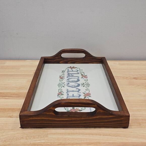 Cross Stitch "Welcome" Handmade Wooden Serving Tray 16x11 Shabby Cottagecore - Picture 9 of 13